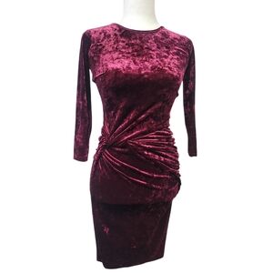 River Island Crushed Velvet Long Sleeve Dress in Rich Maroon